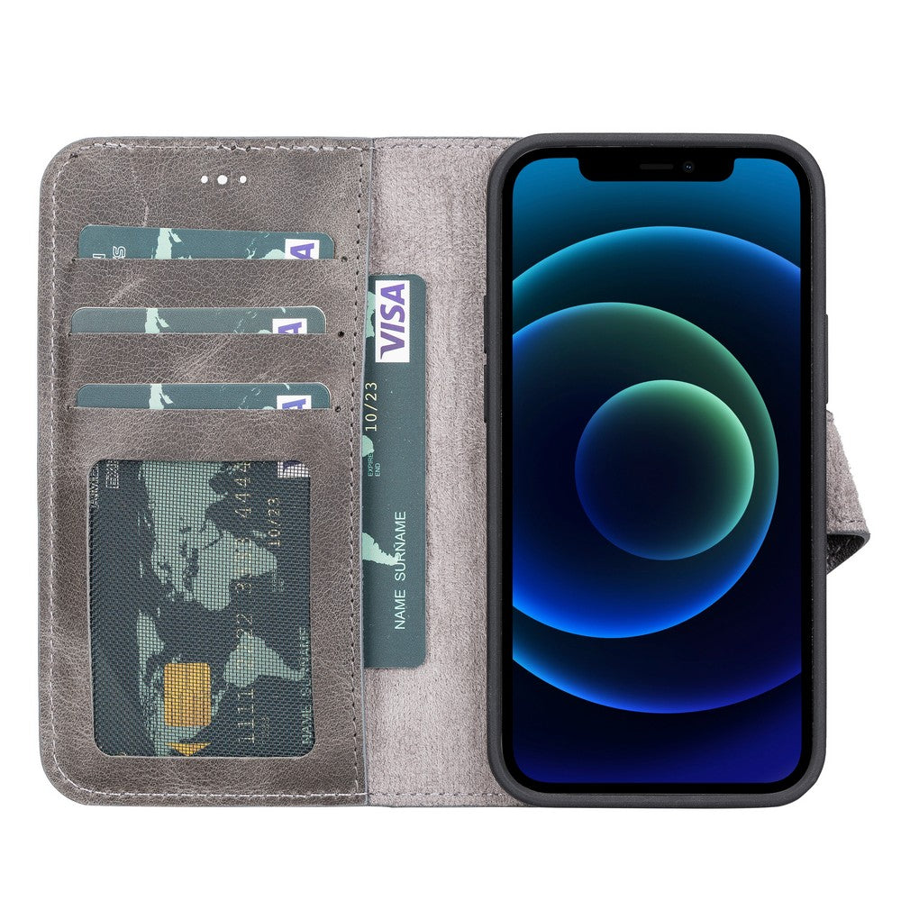 Apple iPhone 13 Mini uyumlu, Hakiki Deri, El Yapımı, Cüzdanlı Kılıf, Gölgeli Gri