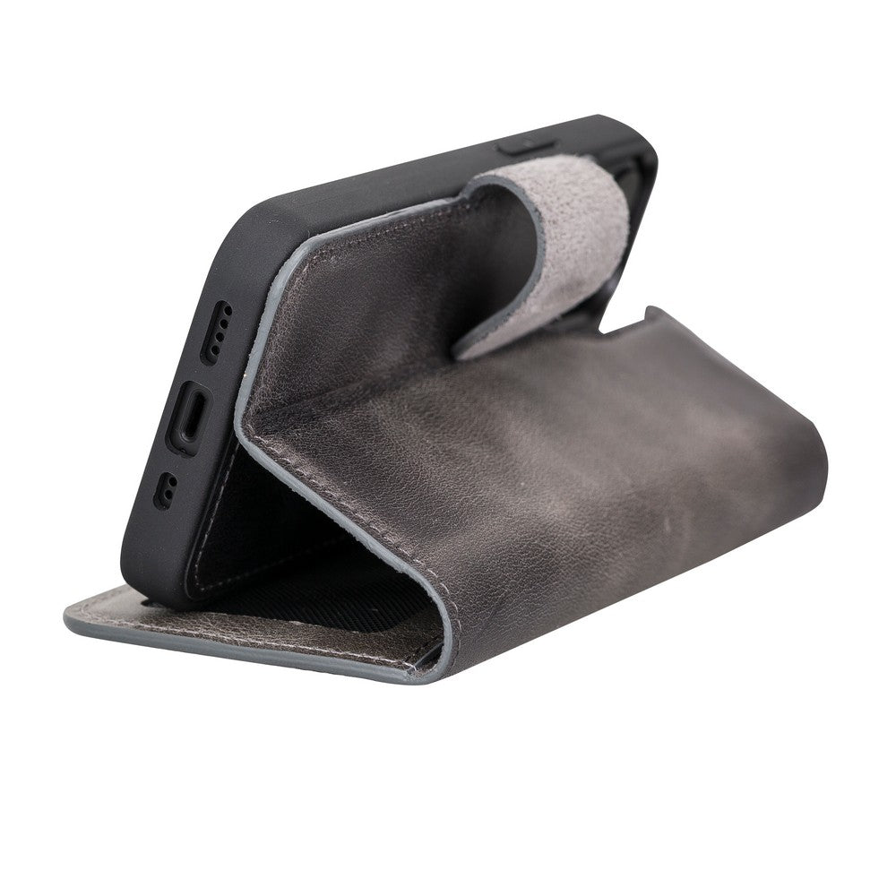 Apple iPhone 13 Mini uyumlu, Hakiki Deri, El Yapımı, Cüzdanlı Kılıf, Gölgeli Gri