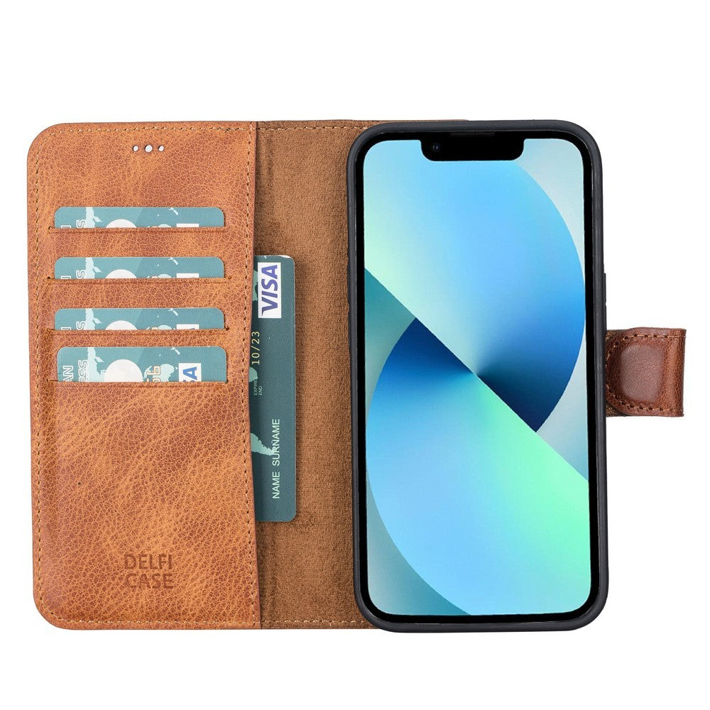 Apple iPhone 13 uyumlu, Hakiki Deri, El Yapımı, Cüzdanlı Kılıf, Antik Taba