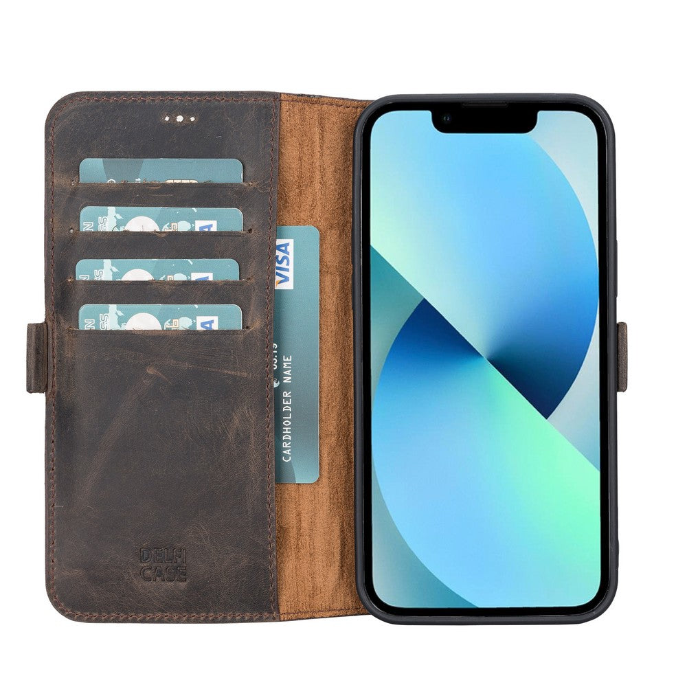 Apple iPhone 13 Pro Max uyumlu, Hakiki Deri, El Yapımı, Cüzdanlı Kılıf, Acı Kahve