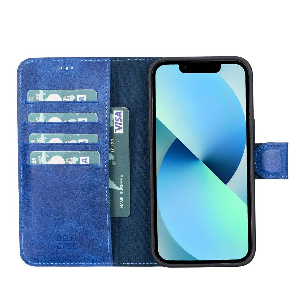 Apple iPhone 13 Pro Max uyumlu, Hakiki Deri, El Yapımı, Cüzdanlı Kılıf, Okyanus Mavi