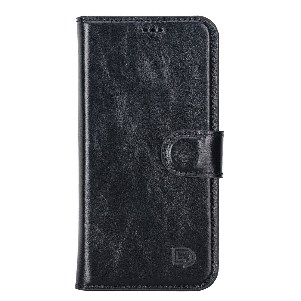 Apple iPhone 13 Pro uyumlu, Hakiki Deri, El Yapımı, Cüzdanlı Kılıf, Rustik Siyah