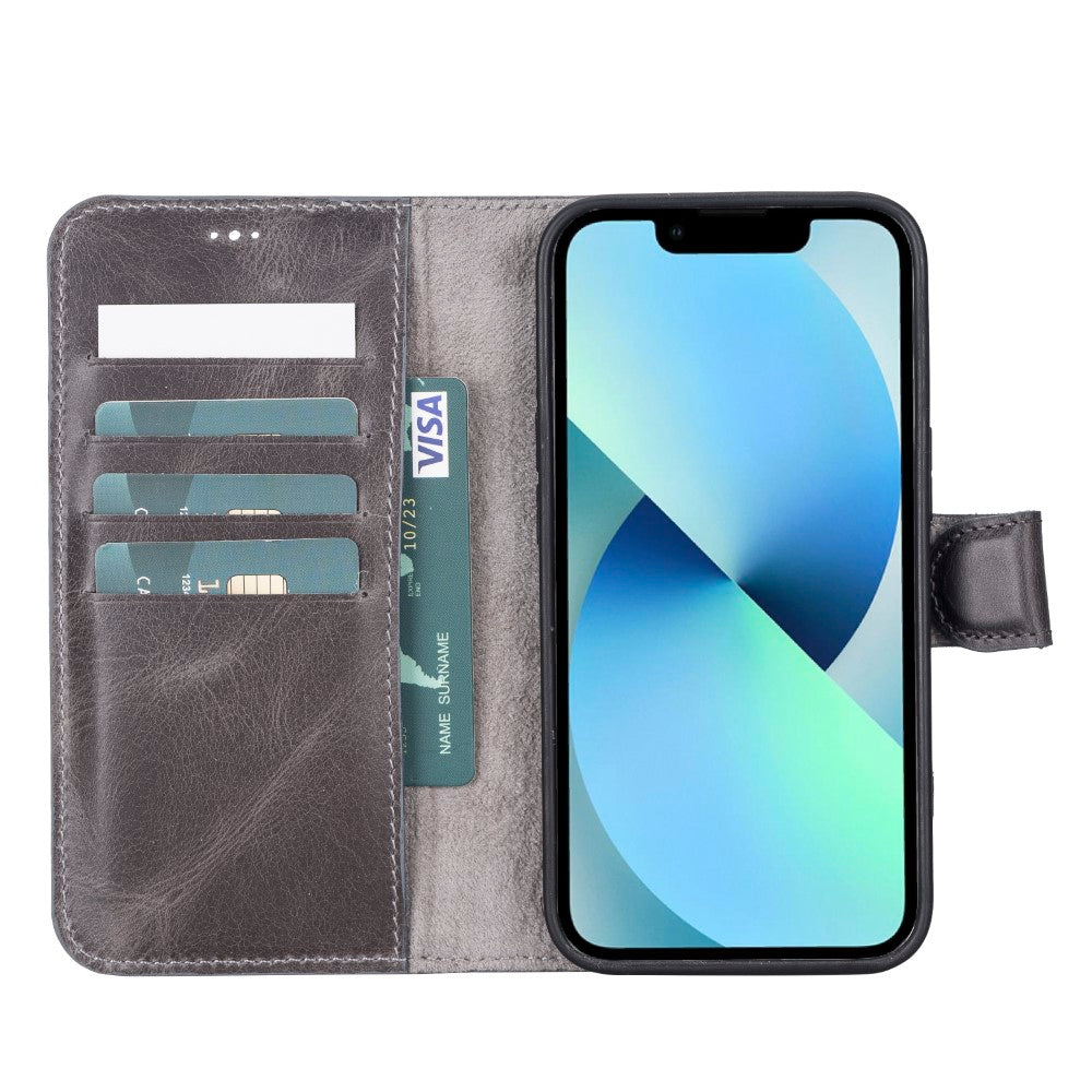 Apple iPhone 13 Pro uyumlu, Hakiki Deri, El Yapımı, Cüzdanlı Kılıf, Gölgeli Gri