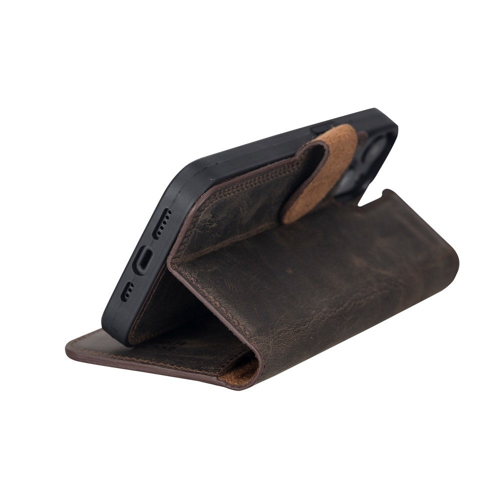 Apple iPhone 13 uyumlu, Hakiki Deri, El Yapımı, Cüzdanlı Kılıf, Acı Kahve