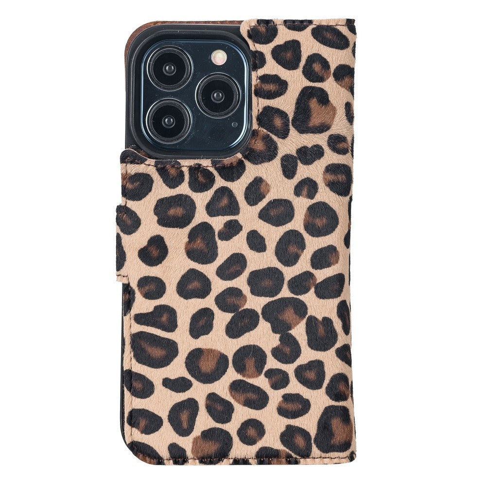 Apple iPhone 13 Pro uyumlu, Hakiki Deri, El Yapımı, Cüzdanlı Kılıf, Leopar Baskılı
