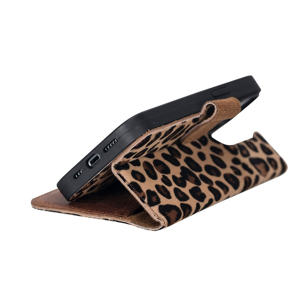 Apple iPhone 13 Pro uyumlu, Hakiki Deri, El Yapımı, Cüzdanlı Kılıf, Leopar Baskılı