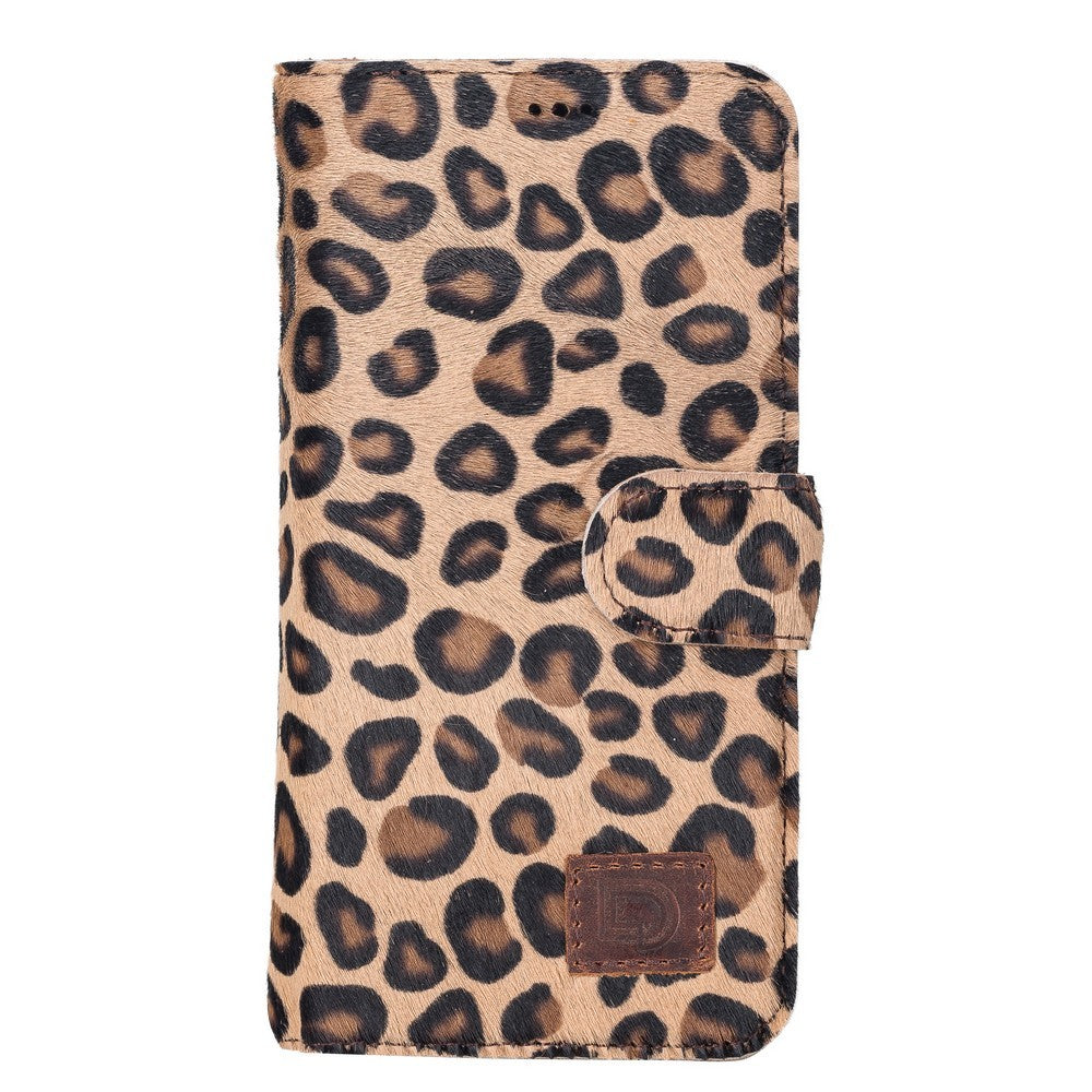 Apple iPhone 13 Uyumlu Hakiki Deri, El Yapımı, Cüzdanlı Kılıf, Leopar Desen