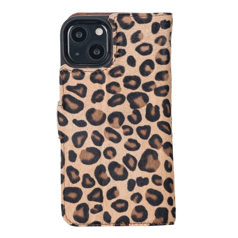 Apple iPhone 13 Uyumlu Hakiki Deri, El Yapımı, Cüzdanlı Kılıf, Leopar Desen