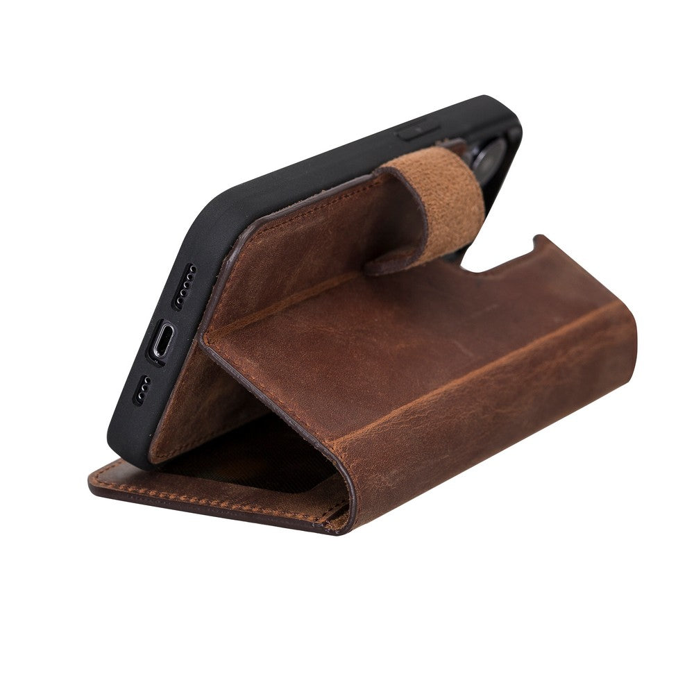 Apple iPhone 13 Pro uyumlu, Hakiki Deri, El Yapımı, Cüzdanlı Kılıf, Antik Kahve