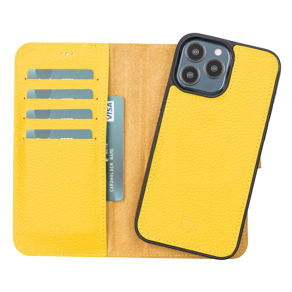 Apple iPhone 13 Pro Max uyumlu, Hakiki Deri, El Yapımı, Cüzdanlı Kılıf, Limon Sarı