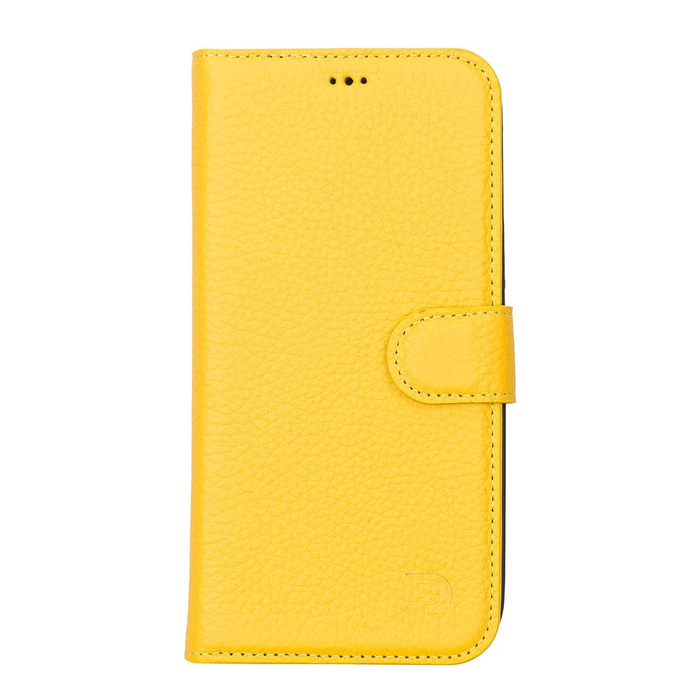 Apple iPhone 13 Pro Max uyumlu, Hakiki Deri, El Yapımı, Cüzdanlı Kılıf, Limon Sarı