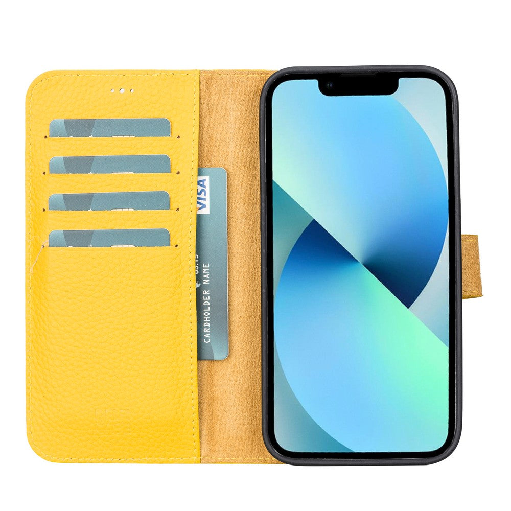 Apple iPhone 13 Pro Max uyumlu, Hakiki Deri, El Yapımı, Cüzdanlı Kılıf, Limon Sarı