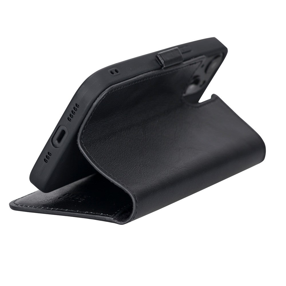 Apple iPhone 13 uyumlu, Hakiki Deri, El Yapımı, Cüzdanlı Kılıf, Rustik Siyah