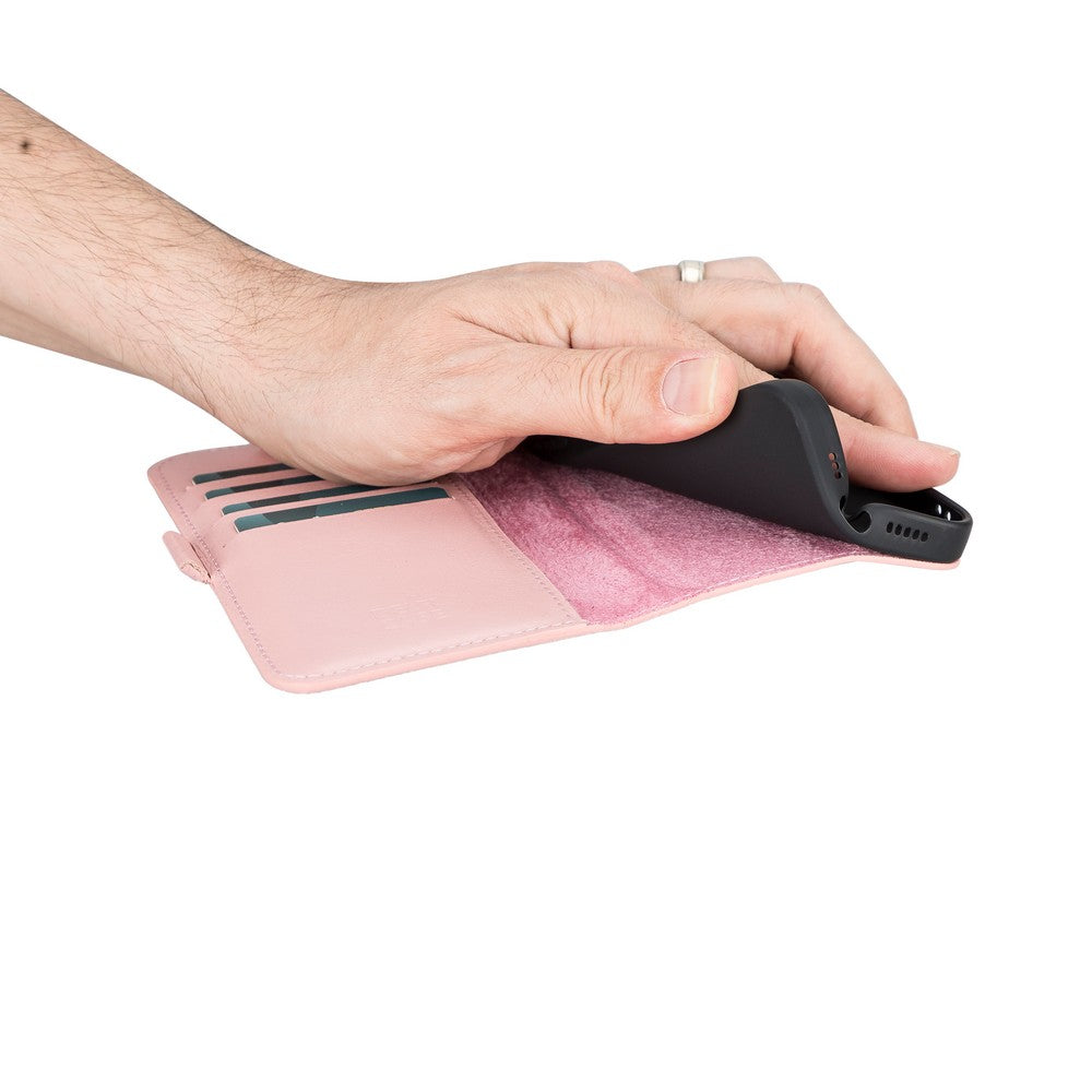 Apple iPhone 13 uyumlu, Hakiki Deri, El Yapımı, Cüzdanlı Kılıf, Toz Pembe