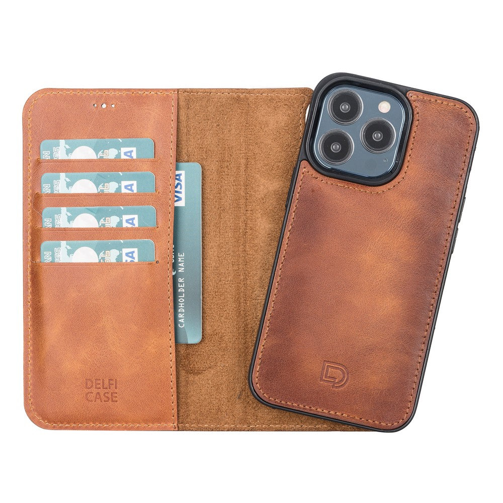 Apple iPhone 13 Pro uyumlu, Hakiki Deri, El Yapımı, Cüzdanlı Kılıf, Antik Taba