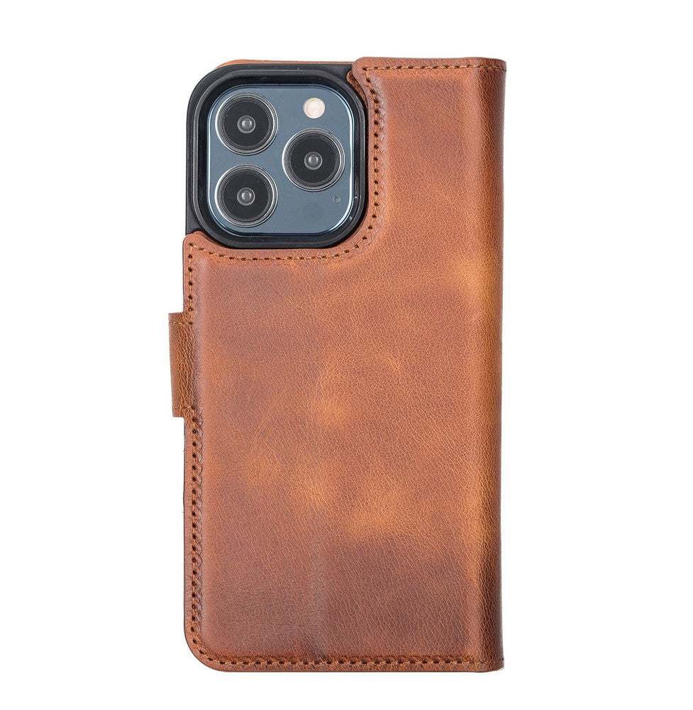 Apple iPhone 13 Pro uyumlu, Hakiki Deri, El Yapımı, Cüzdanlı Kılıf, Antik Taba