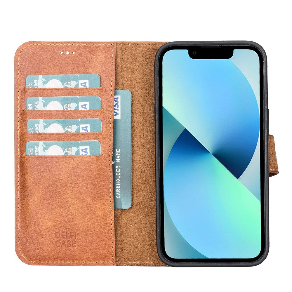 Apple iPhone 13 Pro uyumlu, Hakiki Deri, El Yapımı, Cüzdanlı Kılıf, Antik Taba