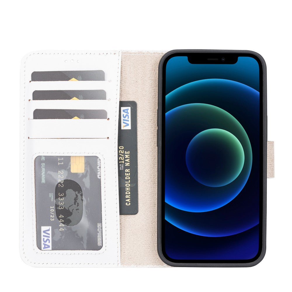 Apple iPhone 13 uyumlu, Hakiki Deri, El Yapımı, Cüzdanlı Kılıf, F3 Beyaz