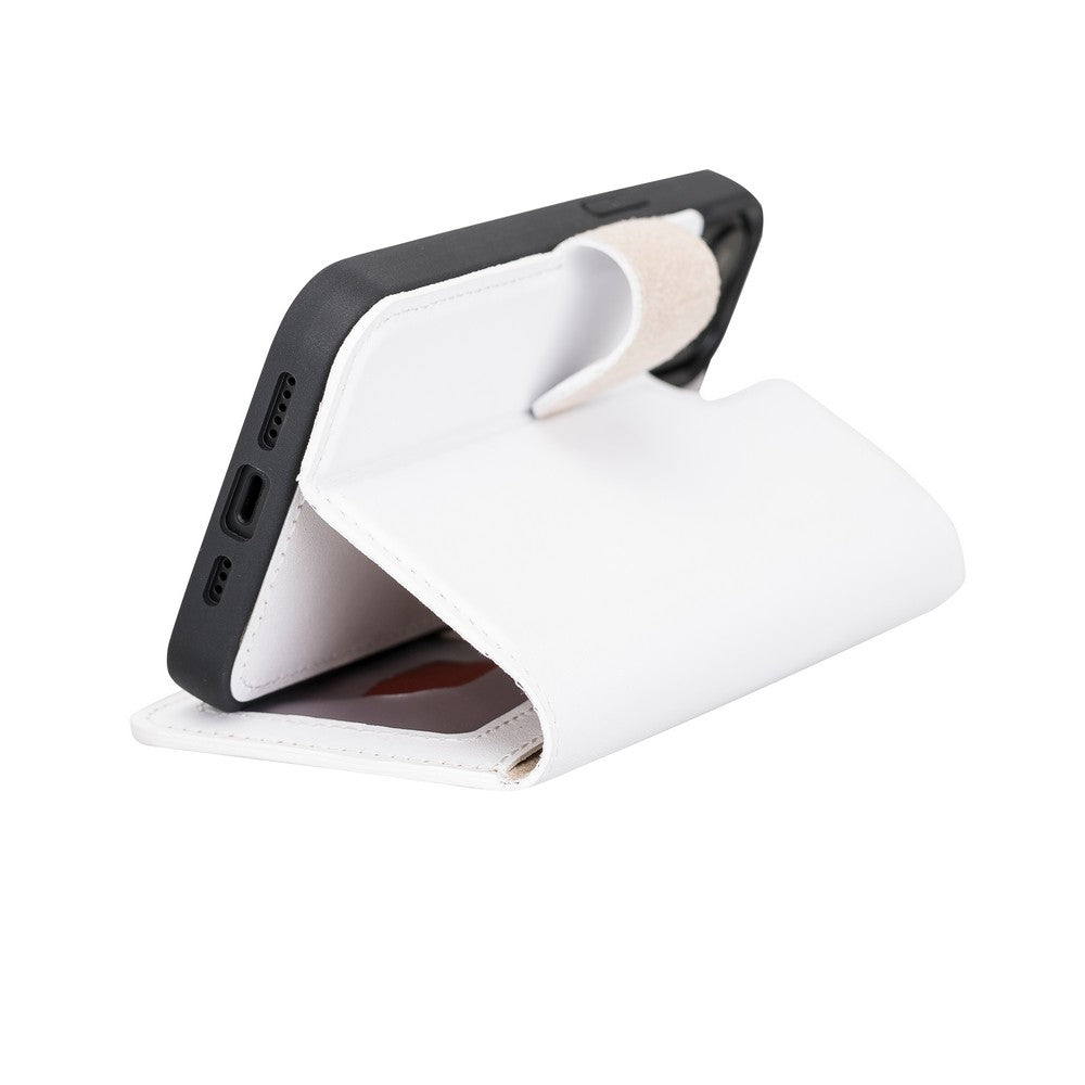 Apple iPhone 13 uyumlu, Hakiki Deri, El Yapımı, Cüzdanlı Kılıf, F3 Beyaz