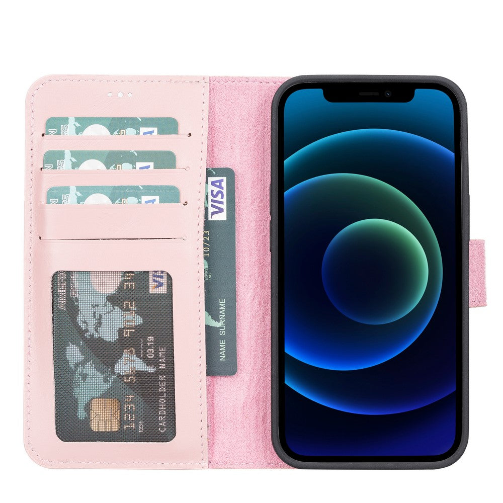 Apple iPhone 13 uyumlu, Hakiki Deri, El Yapımı, Cüzdanlı Kılıf, NU2 Pembe