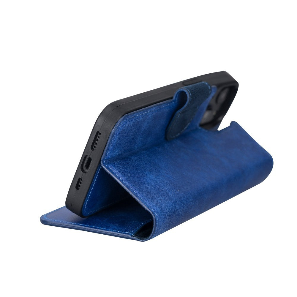 Apple iPhone 13 uyumlu, Hakiki Deri, El Yapımı, Cüzdanlı Kılıf, Okyanus Mavi