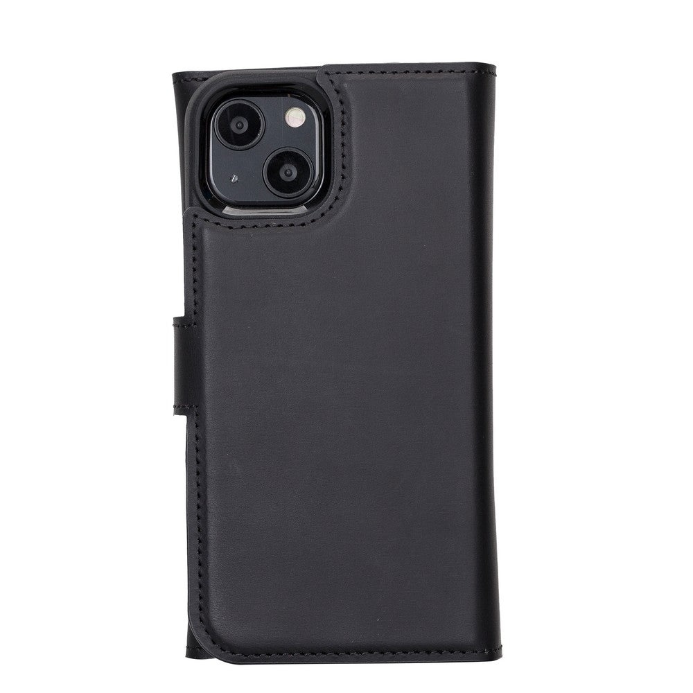 Apple iPhone 13 uyumlu, Hakiki Deri, El Yapımı, Cüzdanlı Kılıf, G1 Siyah