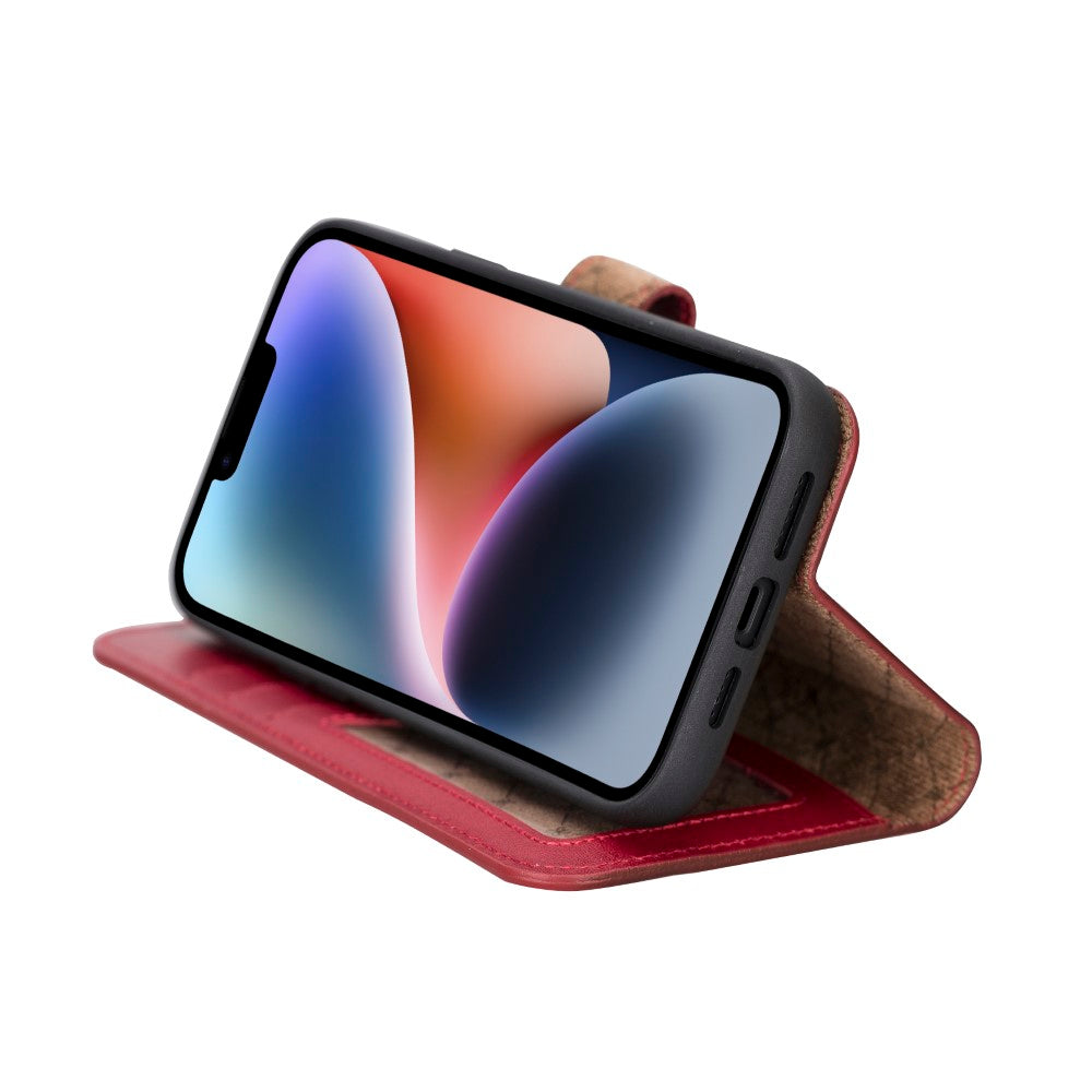 Apple iPhone 14 Plus UyumluHakiki Deri, El Yapımı, Cüzdanlı Kılıf, Gölgeli Kırmızı