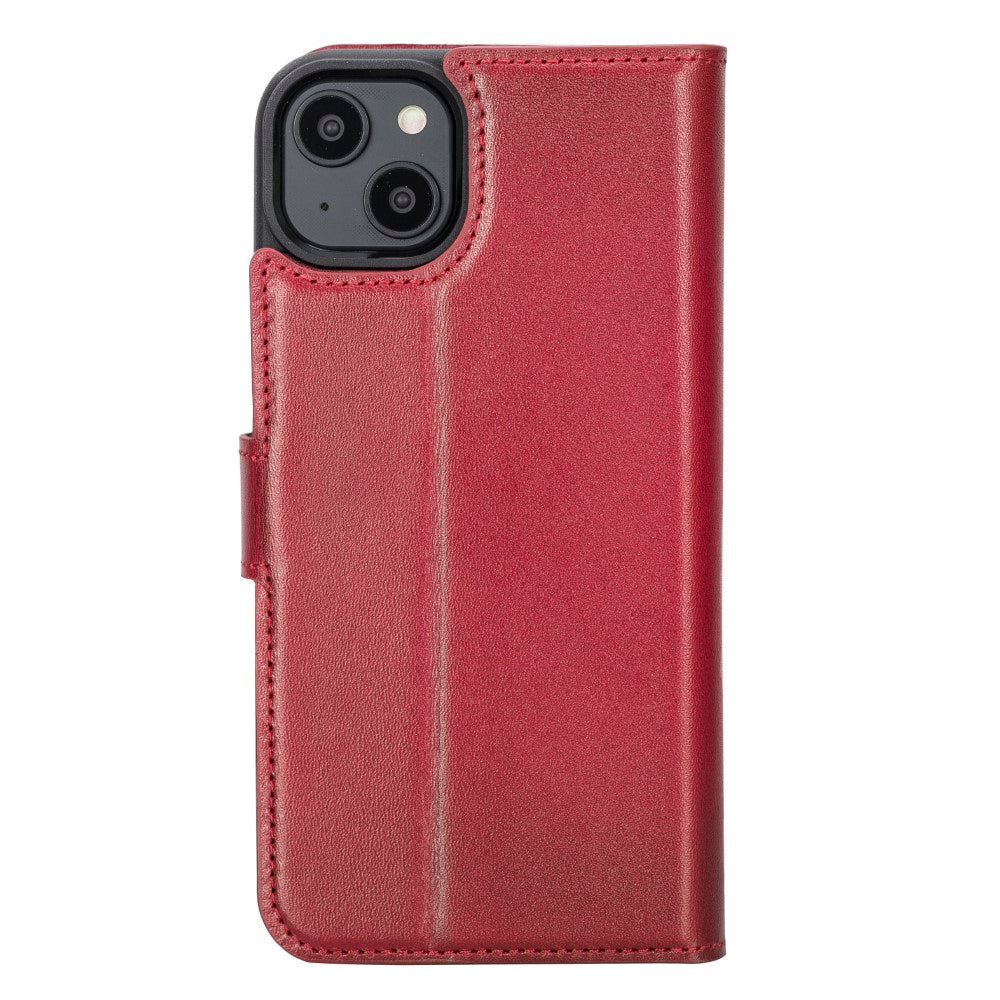 Apple iPhone 14 Plus UyumluHakiki Deri, El Yapımı, Cüzdanlı Kılıf, Gölgeli Kırmızı