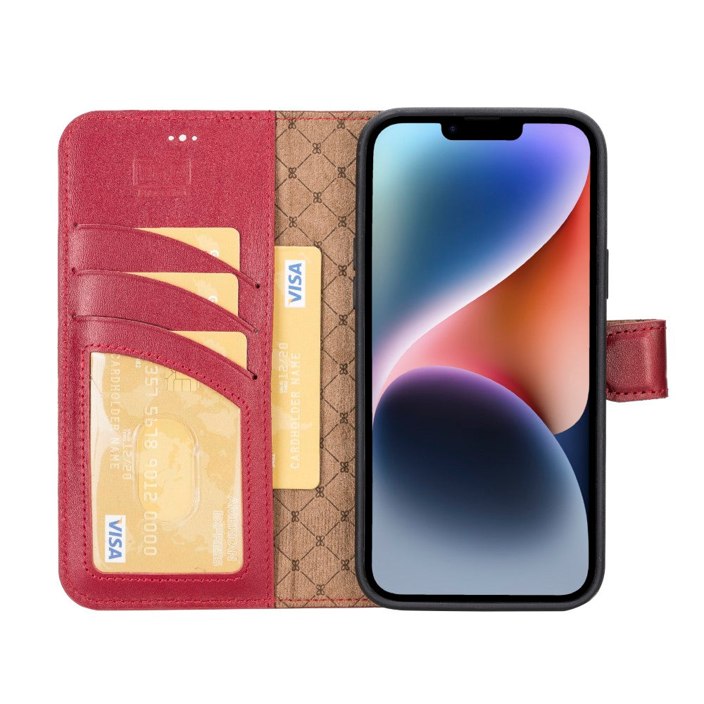 Apple iPhone 14 Plus UyumluHakiki Deri, El Yapımı, Cüzdanlı Kılıf, Gölgeli Kırmızı