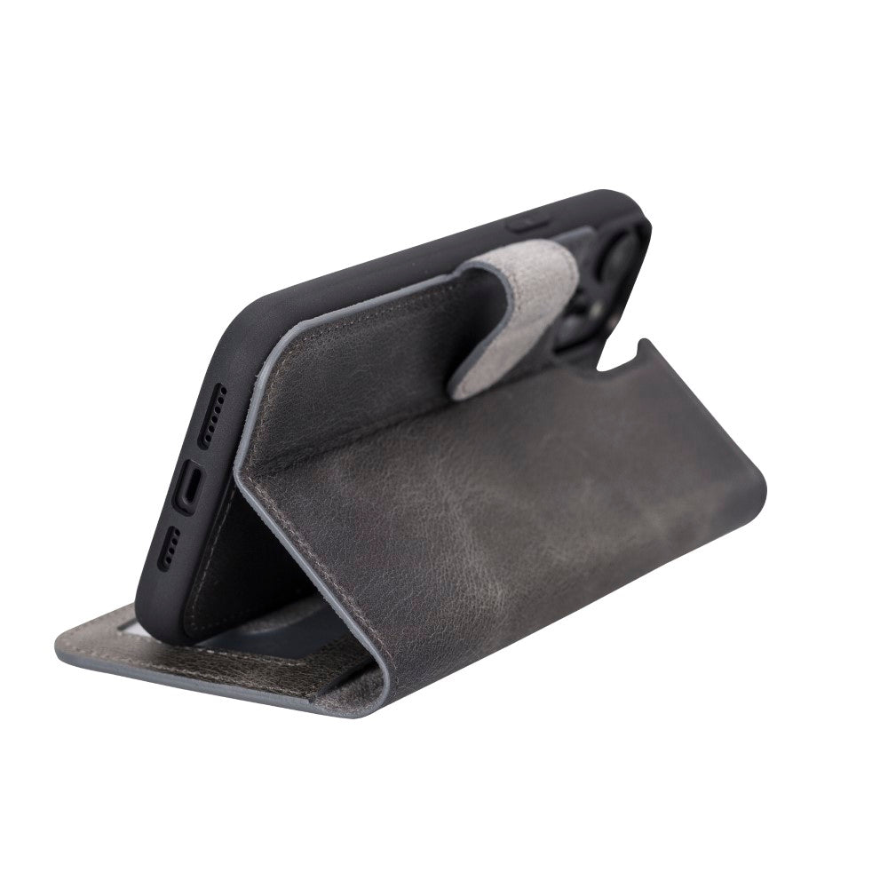 Apple iPhone 14 Plus uyumlu, Hakiki Deri, El Yapımı, Cüzdanlı Kılıf, Gölgeli Gri