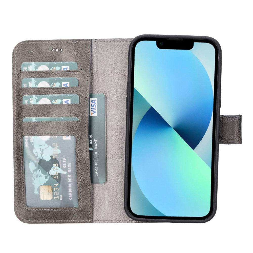 Apple iPhone 14 Plus uyumlu, Hakiki Deri, El Yapımı, Cüzdanlı Kılıf, Gölgeli Gri