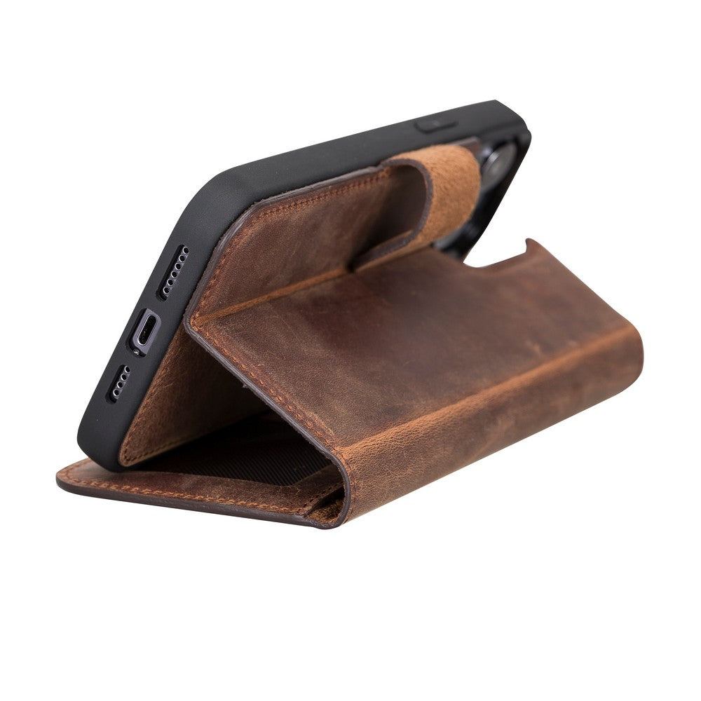 Apple iPhone 13 Pro Max uyumlu, Hakiki Deri, El Yapımı, Cüzdanlı Kılıf, Antik Kahve