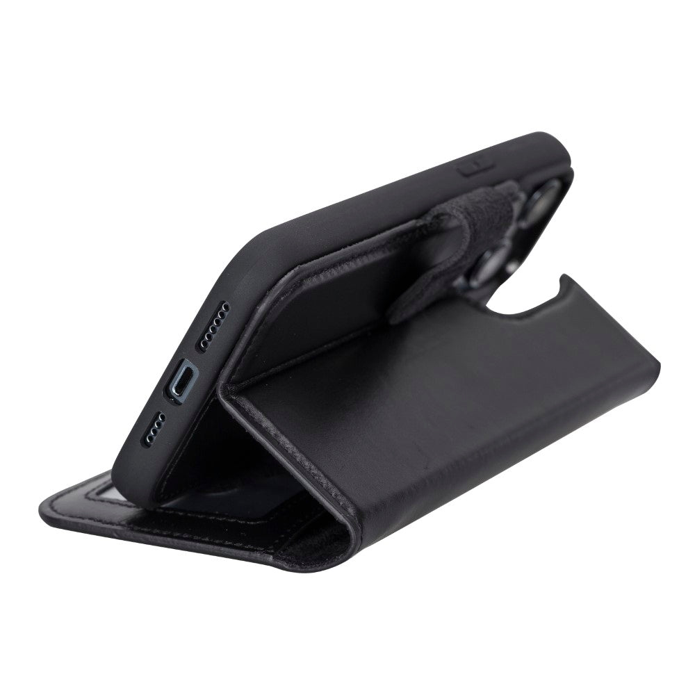 Apple iPhone 14 Pro Max uyumlu, Hakiki Deri, El Yapımı, Cüzdanlı Kılıf, Rustik Siyah