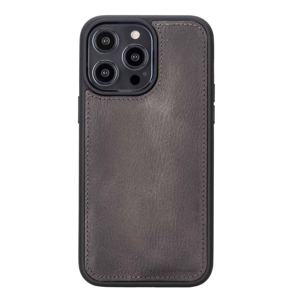 Apple iPhone 14 Pro Max uyumlu, Hakiki Deri, El Yapımı, Cüzdanlı Kılıf, Gölgeli Gri
