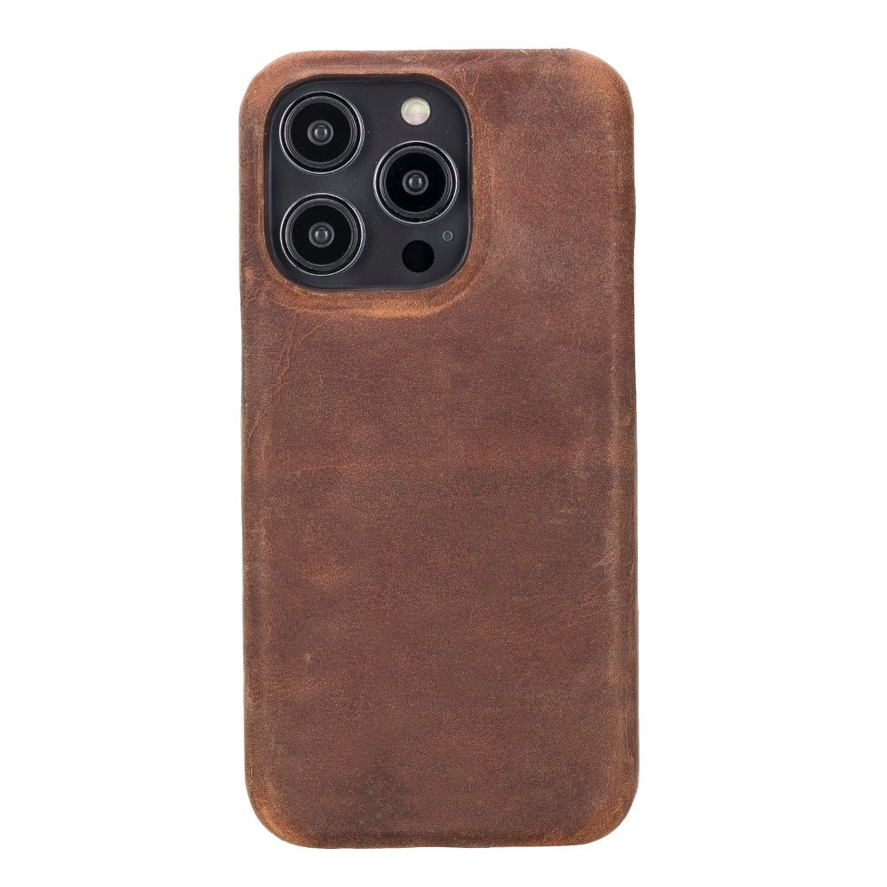Apple iPhone 14 Pro Uyumlu,Hakiki Deri, El Yapımı Arka Kapak, Antik Kahve