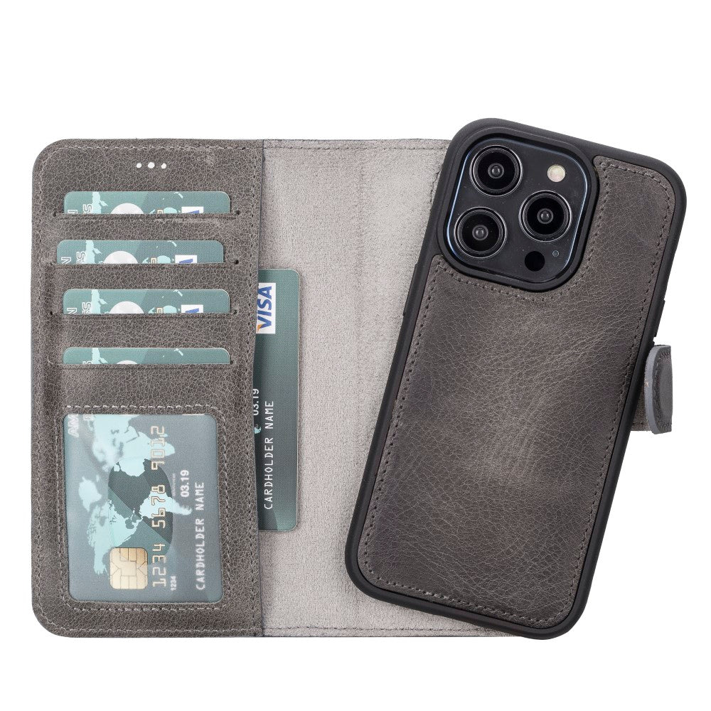 Apple iPhone 14 Pro uyumlu, Hakiki Deri, El Yapımı, Cüzdanlı Kılıf, Rustik Gri