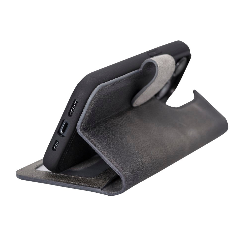 Apple iPhone 14 Pro uyumlu, Hakiki Deri, El Yapımı, Cüzdanlı Kılıf, Rustik Gri