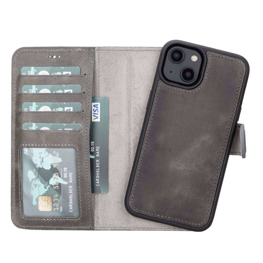 Apple iPhone 14 uyumlu, Hakiki Deri, El Yapımı, Cüzdanlı Kılıf, Gölgeli Gri