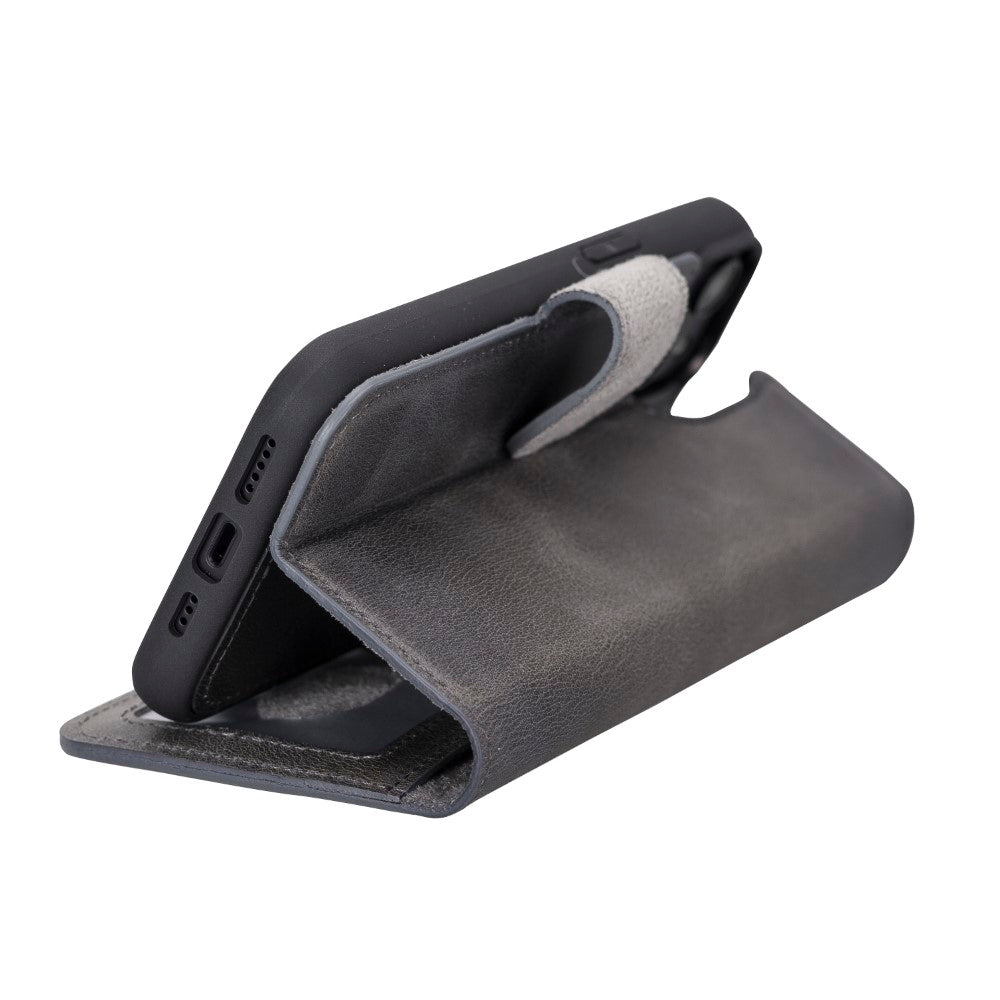 Apple iPhone 14 uyumlu, Hakiki Deri, El Yapımı, Cüzdanlı Kılıf, Gölgeli Gri