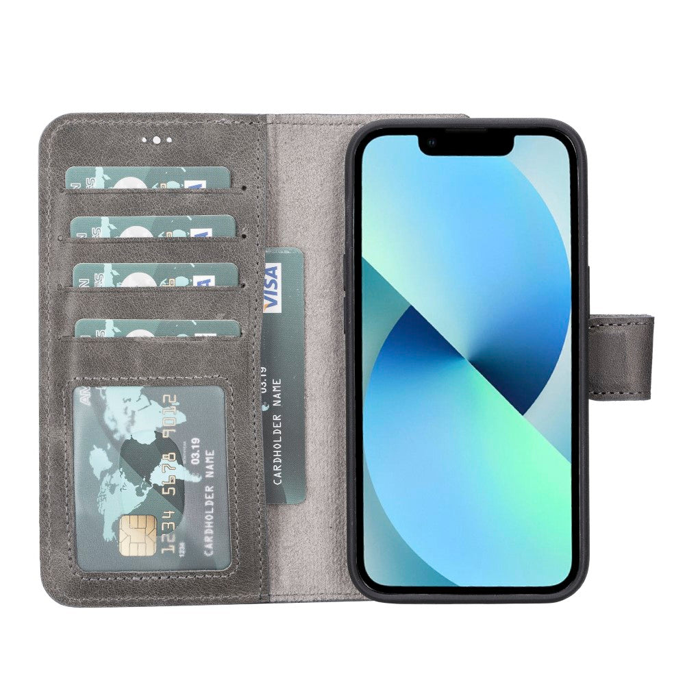 Apple iPhone 14 uyumlu, Hakiki Deri, El Yapımı, Cüzdanlı Kılıf, Gölgeli Gri