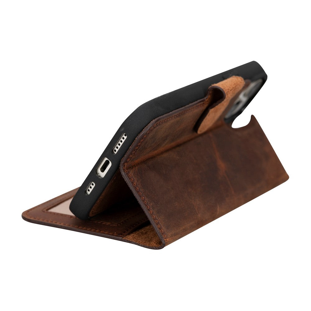 Apple iPhone 15 Plus uyumlu, Hakiki Deri, El Yapımı, Cüzdanlı Kılıf, Antik Kahve