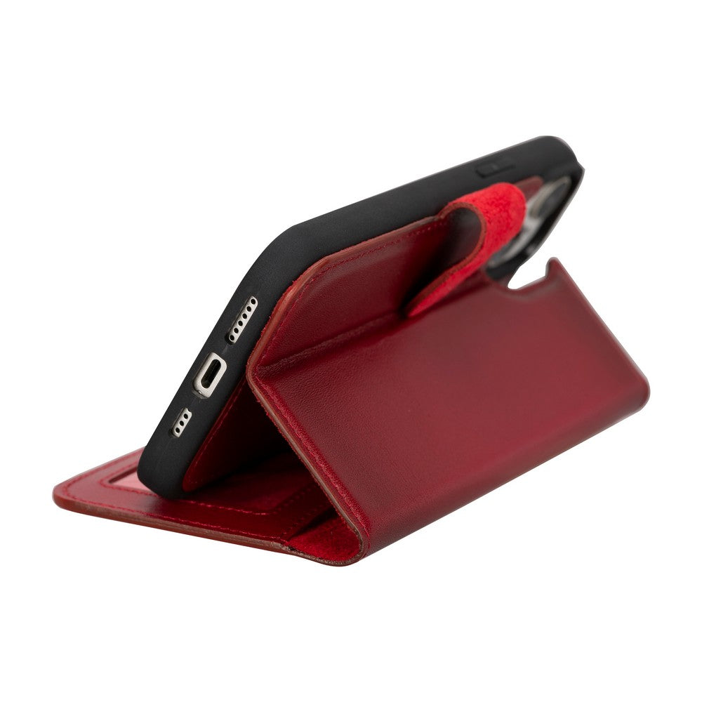 Apple iPhone 15 Plus uyumlu, Hakiki Deri, El Yapımı, Cüzdanlı Kılıf, Gölgeli Kırmızı