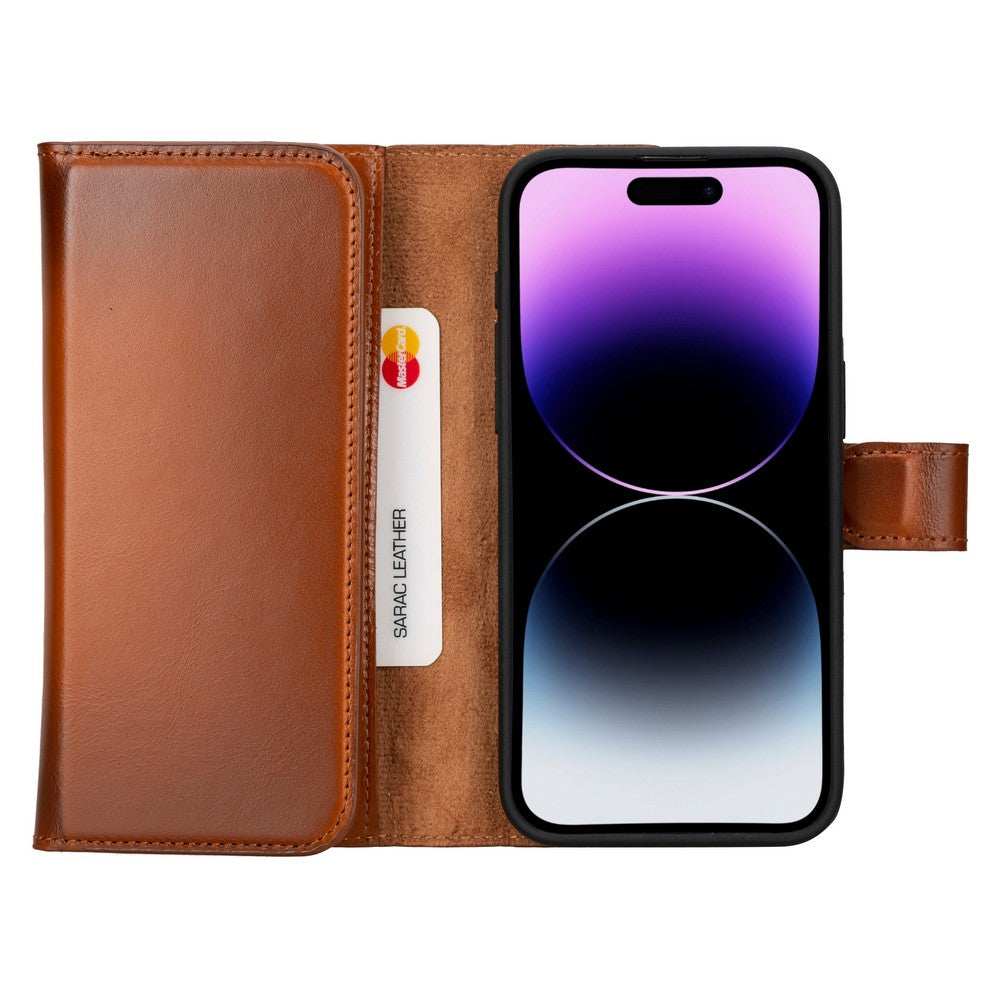 Apple iPhone 15 Pro Max uyumlu, Hakiki Deri, El Yapımı, Cüzdanlı Kılıf, Gölgeli Taba