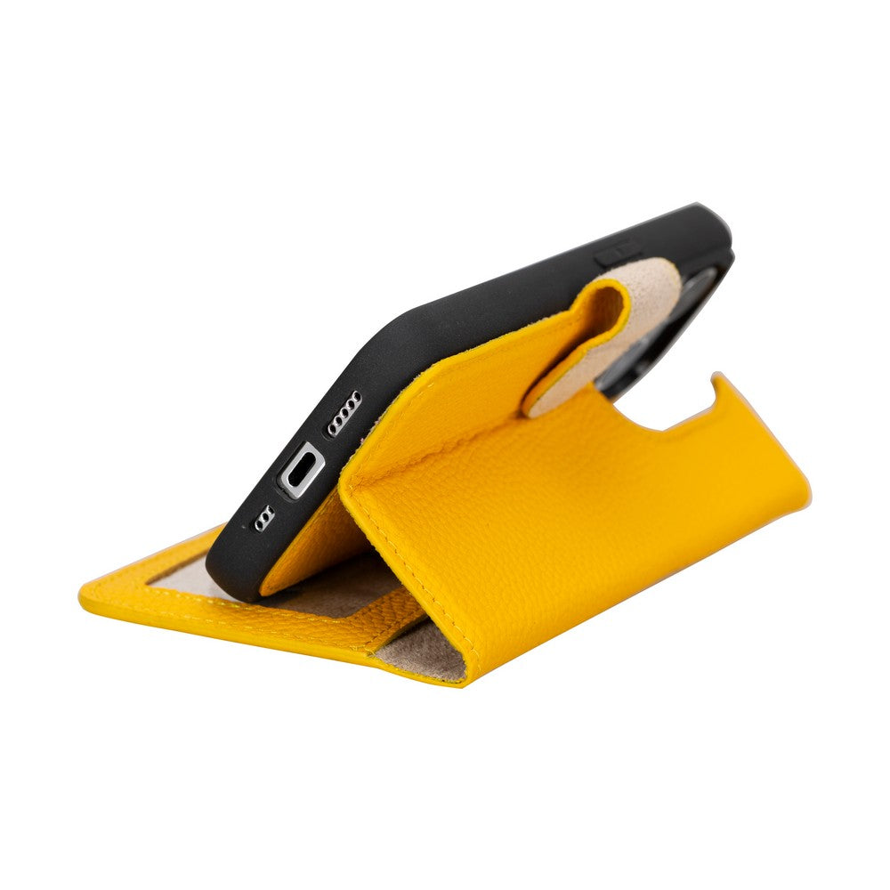 Apple iPhone 15 Pro uyumlu, Hakiki Deri, El Yapımı, Cüzdanlı Kılıf, FL12 Sarı