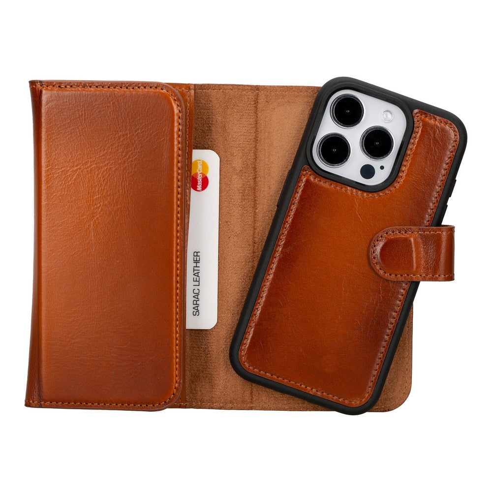 Apple iPhone 15 Pro uyumlu, Hakiki Deri, El Yapımı, Cüzdanlı Kılıf, Gölgeli Taba