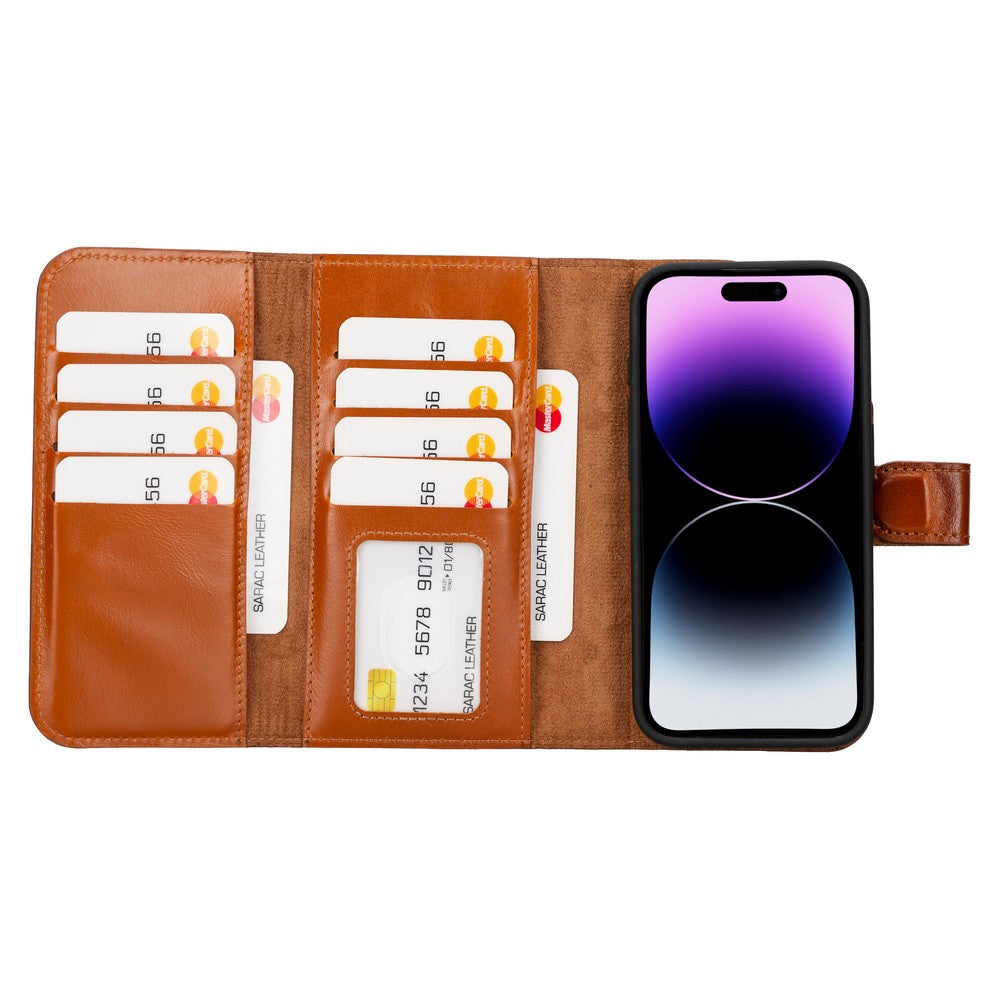 Apple iPhone 15 Pro uyumlu, Hakiki Deri, El Yapımı, Cüzdanlı Kılıf, Gölgeli Taba