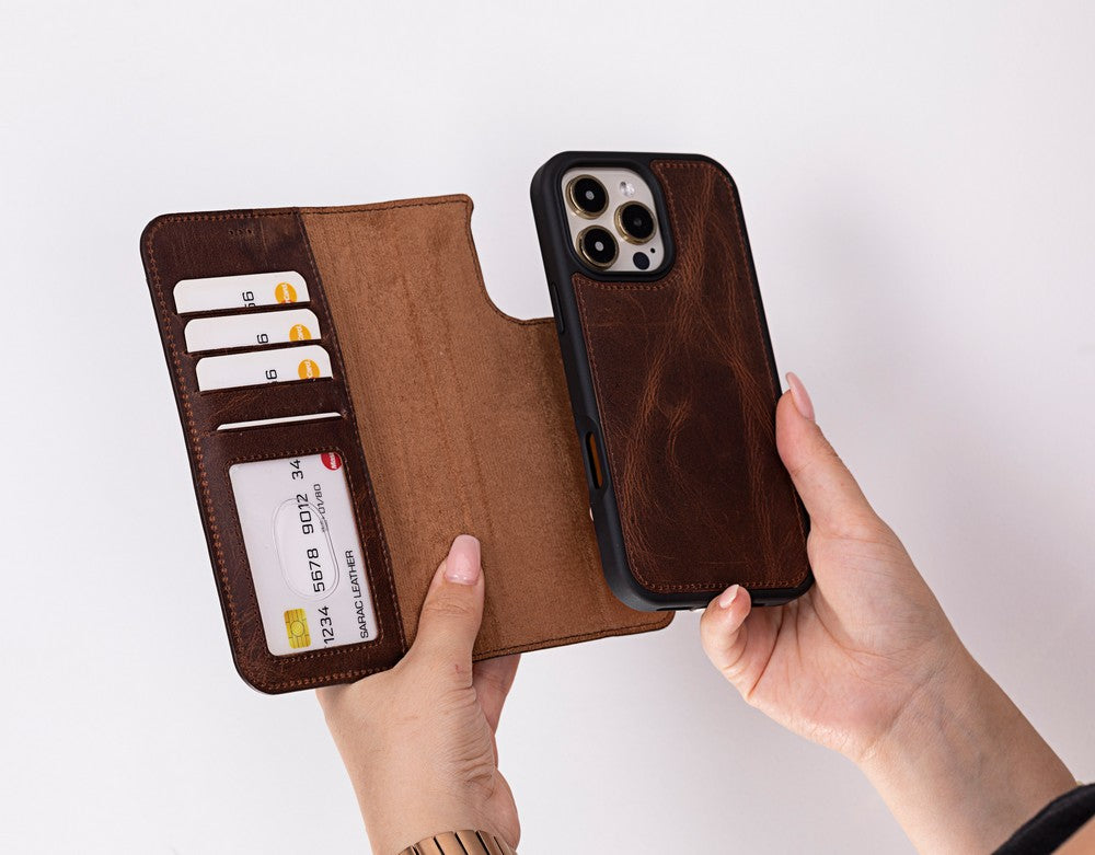 Apple iPhone 16 Pro Max uyumlu, Hakiki Deri, El Yapımı, Cüzdanlı Kılıf, Antik Kahve