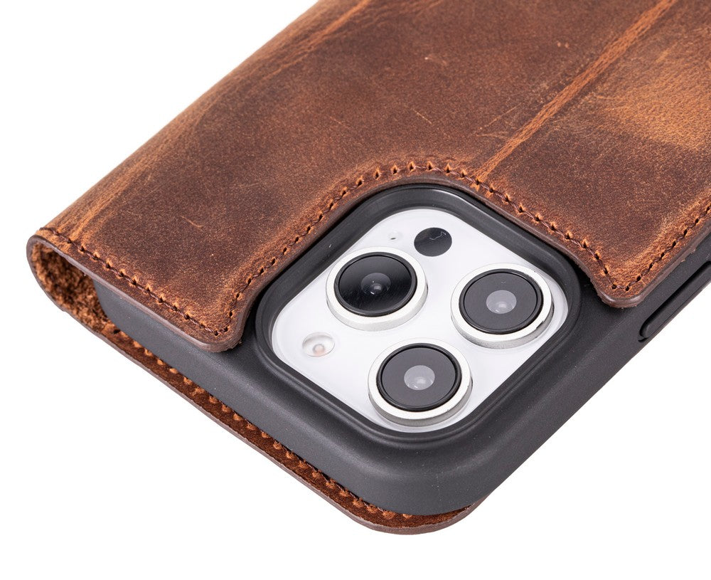 Apple iPhone 16 Pro uyumlu, Hakiki Deri, El Yapımı, Cüzdanlı Kılıf, Antik Kahve