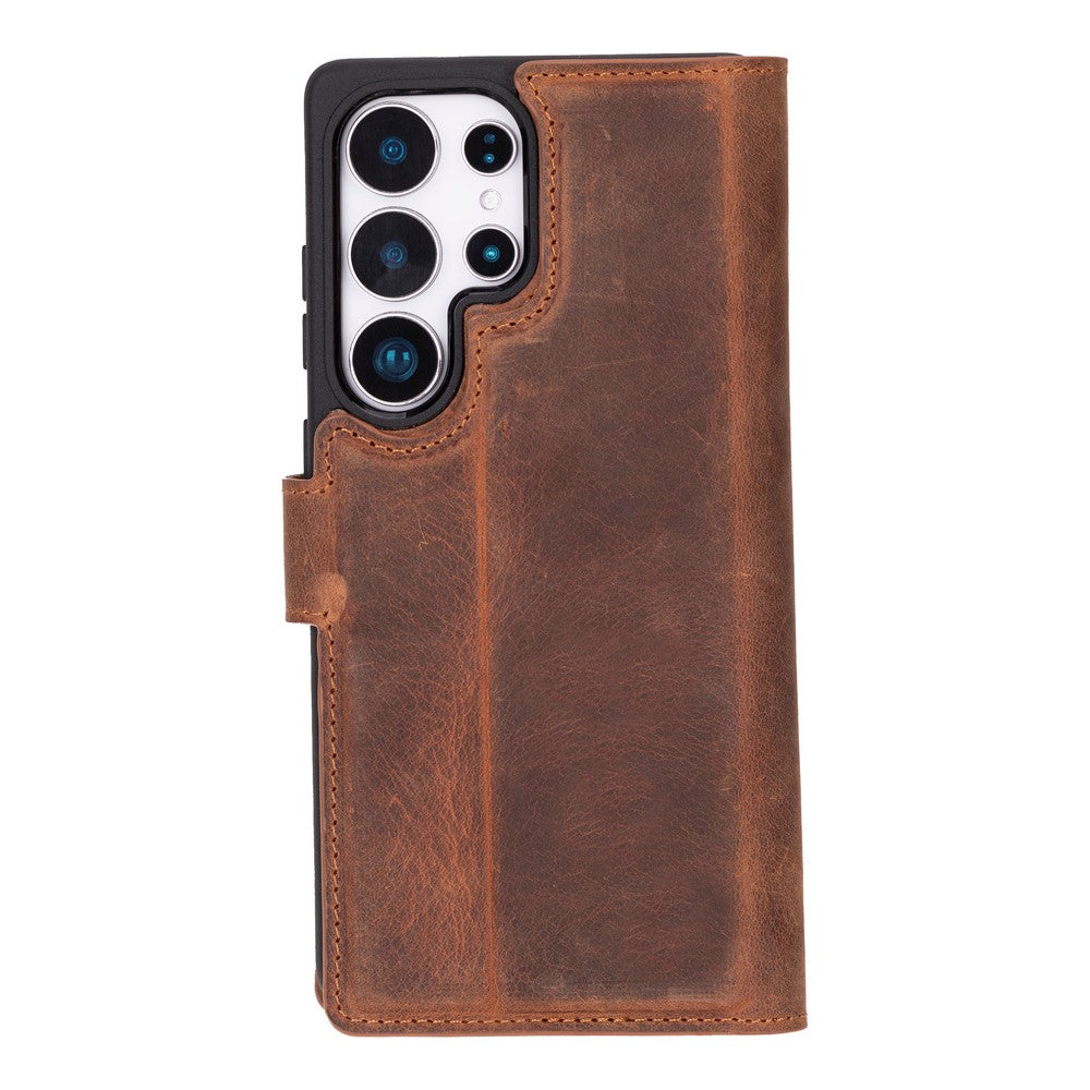 Samsung Galaxy S25 Ultra uyumlu, Hakiki Deri, El Yapımı, Cüzdanlı Kılıf, Antik Kahve