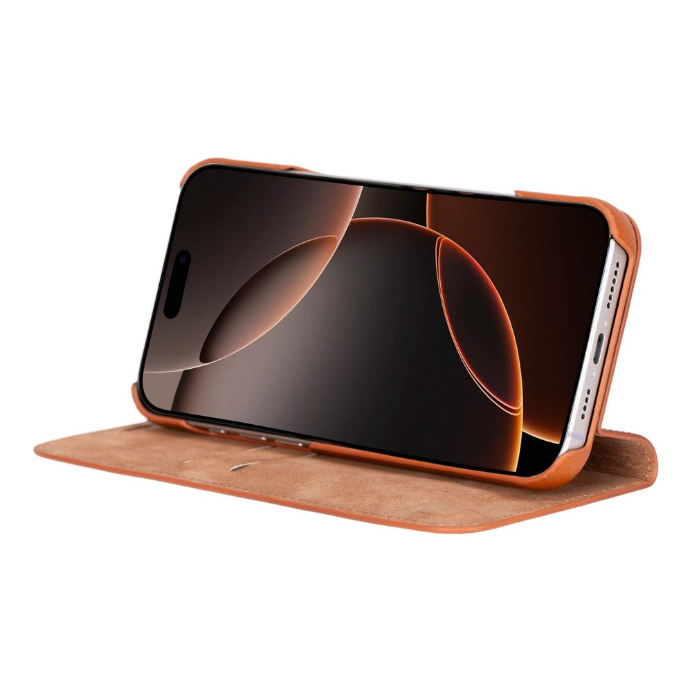 Apple iPhone 16 Pro uyumlu, Hakiki Deri, El Yapımı, Cüzdanlı Kılıf, Gölgeli Taba